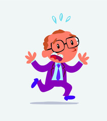  cartoon character of businessman runs away in terror.