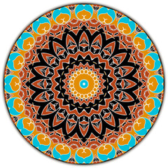 Floral round arabesque mandala pattern. Colorful vector patterned background. Ethnic tribal style backdrop. Abstract flowers, shapes, lines. Ornamental design for fabric, prints, cover, wall, wraps