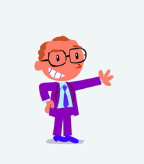 Pleased cartoon character of businessman points to something