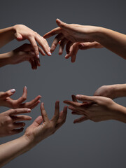 Hope. Hands of people's crows in touch isolated on grey studio background. Concept of human...