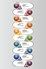 Infographic Startup template. Icons in different colors. Include Partnership, Precision, Career, Creativity and others.