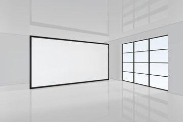 Blank interior office with billboard. White wall in empty room. 3d rendering.