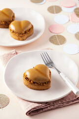 Heart shape vanilla tart with nuts. Valentine's Day.