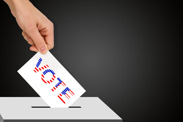 hand drops the ballot election against a dark background, concept of state elections, referendum