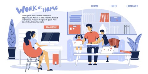 Home situation on isolation landing page design. Mother freelancer working online on computer desktop pc, father teaching children doing home-task on laptop. Distance schooling remote job occupation