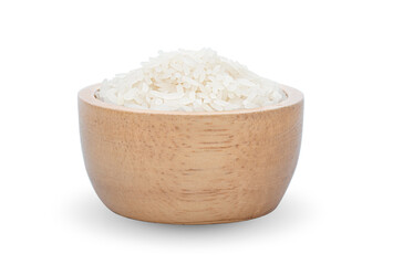 Uncooked dry rice in wooden bowl Isolated on  white background.