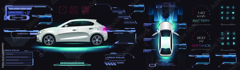 Poster car user interface hud, gui, ui. dashboard with car and settings. virtual graphical interface. vehic