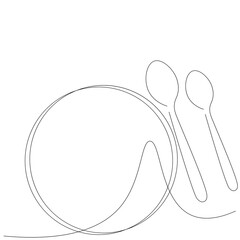 Spoon and plate silhouette line drawing. Vector illustration