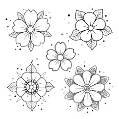 Old school tattoo flower set. Hand drawn black outline inflorescence. Traditional classic sketch tattoo flash. Coloring book page. Stock vector illustration isolated on white background.