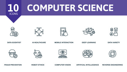 Computer Science icon set. Collection contain engineering, ethics, fraud, prevention, artificial, intelligence and over icons. Computer Science elements set.