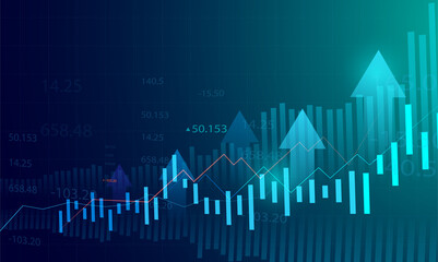 Naklejka premium Business candle stick graph chart of stock market investment trading on blue background. Bullish point, Trend of graph. Eps10 Vector illustration.