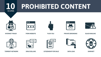 Prohibited Content icon set. Collection contain private, browsing, mailing, torrent, network, citizenship, sale, data, leak, darknet and over icons. Prohibited Content elements set.