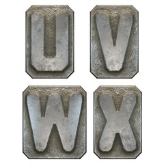 Set of capital letters U, V, W, X made of industrial metal isolated on white background. 3d