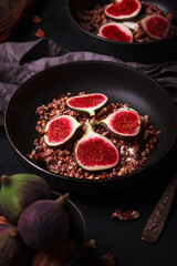 Breakfast with granola and figs. Black plates with a fresh and healthy Breakfast. Healthy food with fruit
