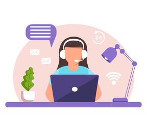 Concept illustration for support, assistance, call center. Woman with headphones and microphone with laptop