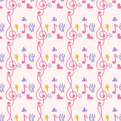 Treble clef, notes, heart, stars, abstract elements seamless pattern in pink, blue pastel colors. Music backdrop