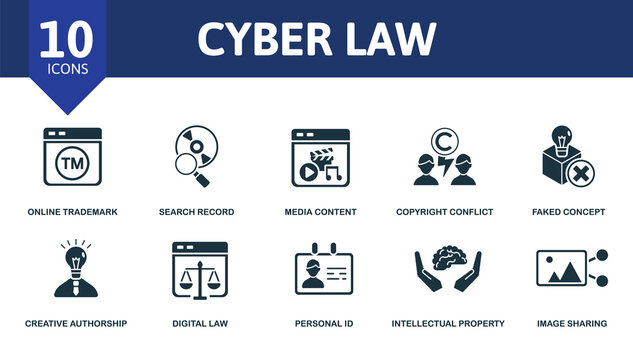 Cyber Law icon set. Collection contain online trademark, invention patent, free access, borrowing ideas, protected ideas and over icons. Cyber Law elements set.