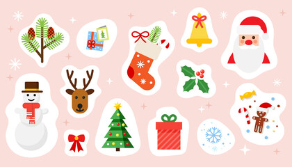 Christmas and Happy New Year holiday stickers set. Colorful festive vector illustrations collection. Happy holidays icons in flat style