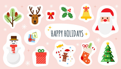 Christmas and Happy New Year holiday stickers set. Colorful festive vector illustrations collection. Happy holidays icons in flat style