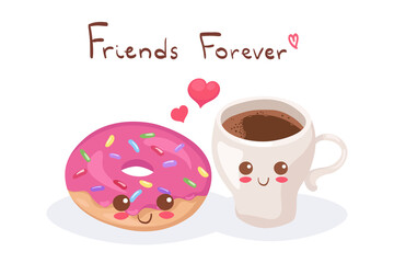 Cute stock vector illustration with Coffee Cup & Donut. Kawaii happy food characters isolated on white with lettering. Funny Espresso with dessert doodle. Use for fabric print, menu design, post card.
