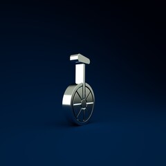 Silver Unicycle or one wheel bicycle icon isolated on blue background. Monowheel bicycle. Minimalism concept. 3d illustration 3D render. © Oksana