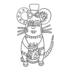 Rat, Chinese zodiac symbol . Steampunk style rat. Cute Mechanical animal. Coloring book for children. Vector illustration. Eastern horoscope. Metal mouse isolated on a white. Linear drawing