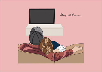 Vector Illustration of Couple, Young Man and Woman, Watching TV, Stay Home, Stay Safe