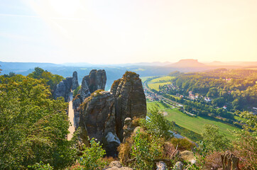 Elbsandstein Mountains in Saxon Switzerland - East Germany. Famous area of Bastei Bridge.