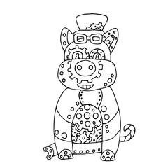 pig, Chinese zodiac symbol 2031. Steampunk pig. Cute mechanical animal. Coloring book for children. Vector illustration. Eastern horoscope. Metal robot isolated on white.  Linear drawing