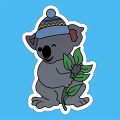 Sticker of Koala Holding Leaves and Wearing Winter Hats Cartoon, Cute Funny Character, Flat Design