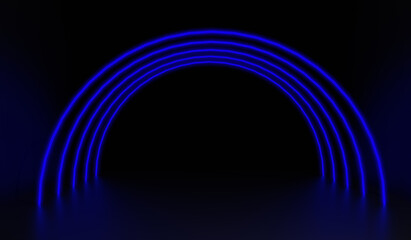 3d render of classic blue semicircle lines, product display for commercial merchandise. Glow neon lines 3d mockup, shop showcase with clean simple design. 