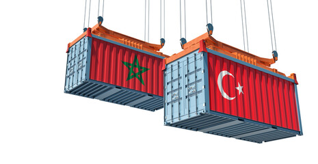 Freight containers with Turkey and Morocco national flags. 3D Rendering