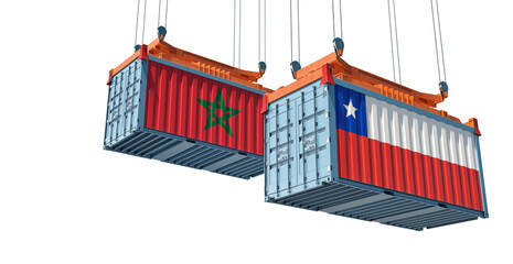 Freight containers with Chile and Morocco national flags. 3D Rendering