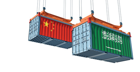 Freight containers with China and Saudi Arabia national flags. 3D Rendering