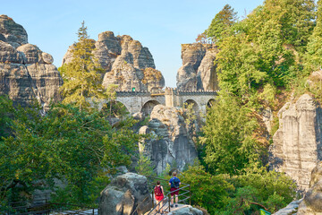 Elbsandstein Mountains in Saxon Switzerland - East Germany. Famous area of Bastei Bridge.