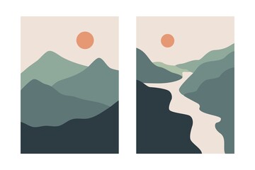Abstract landscape posters. Boho mountains wallpapers for decoration, contemporary art japanese style. Vector illustration