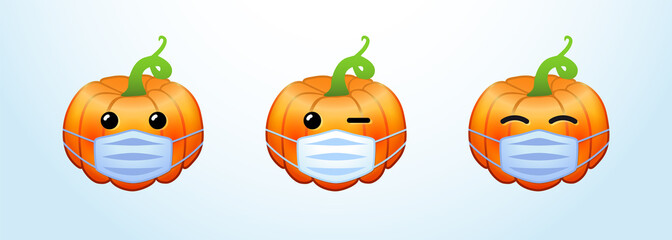 Set of positive pumpkin emoticons. Creative 3D characters. Lock down cute symbols. Decorative web icons. Isolated abstract graphic design template. Online emoji collection. Autumn 2020, 2021 congrats.