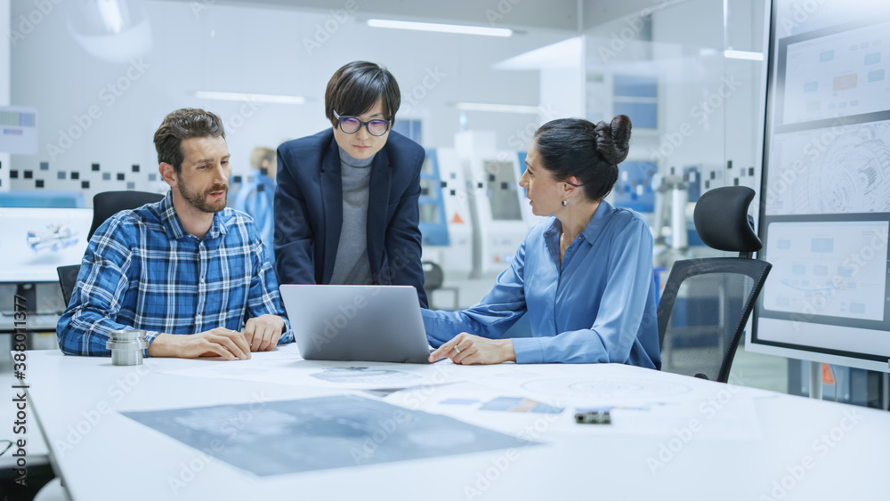 Poster modern factory office meeting: female project manager, asian branch supervisor talk with chief produ