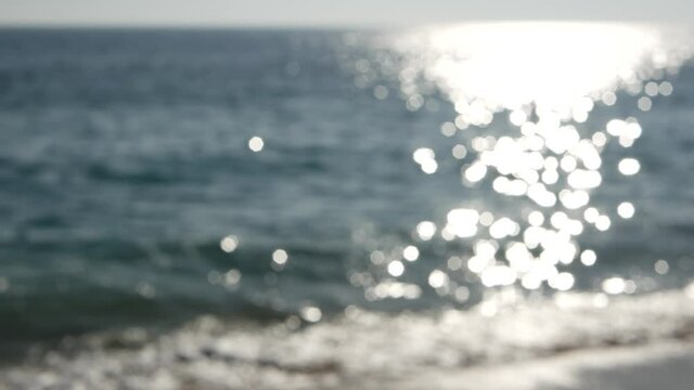 California summertime beach aesthetic, blurred defocused water wave. Shiny sun track and sunlight. Santa Monica pacific ocean resort. Dreamlike tranquil nebulous background. Unclear quiet idyllic sea.