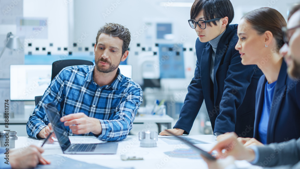 Poster modern factory office meeting room: multi-ethnic and diverse team of engineers, managers and investo