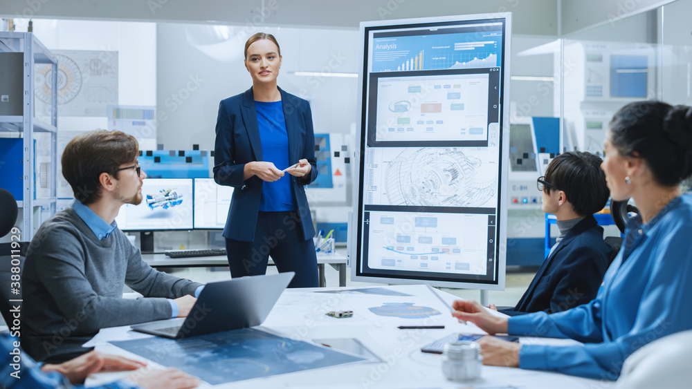 Aufkleber modern industrial factory meeting: confident female engineer uses interactive whiteboard, makes repo