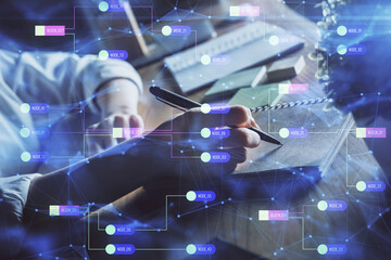 Fototapeta premium Multi exposure of woman's hands on background with technology and digital coding icons. Data development concept.