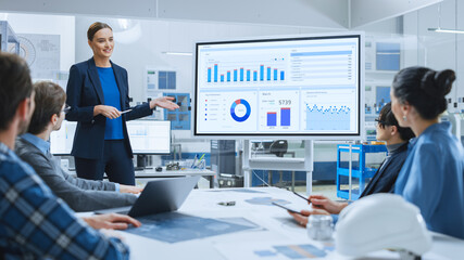 Modern Industrial Factory Meeting: Confident Female Engineer Uses Interactive Whiteboard, Makes Report to a Group of Engineers, Managers Talks and Shows Statistics, Growth and Analysis Information - obrazy, fototapety, plakaty