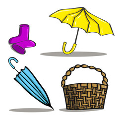 Set of autumn items. Yellow umbrella, blue umbrella, basket, pink rubber boots. Contour sketch, color.