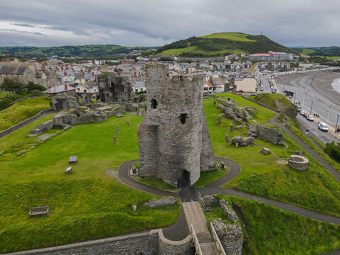 Aberystwyth Castle Tower Overlooking The Ocean At Ceredigion, Wales UK