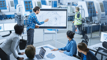 Modern Factory Office Meeting Room: Busy Diverse Team of Engineers, Managers and Investors Talking...