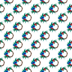 Christmas watercolor wreath seamless pattern. Hand-drawn illustration. Design for textile printing, wrapping paper