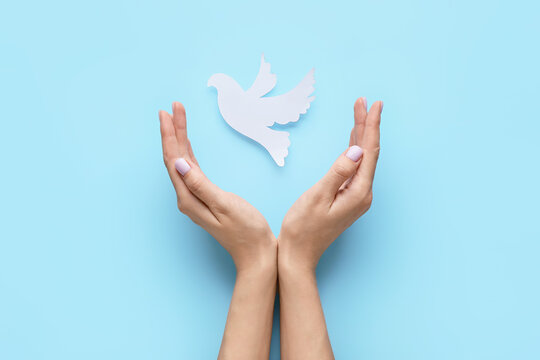 Female hands with paper dove on color background. International Day of Peace