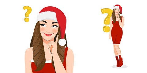Christmas girl thinking in red dress and christmas santa hat with Happy new year and Merry Christmas festival cartoon character on the white background vector illustration