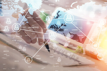 Social network theme hologram over woman's hands writing background. Concept of international people connect. Double exposure